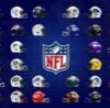 NFL logo at center on a blue background, encircled by helmets of different NFL teams.